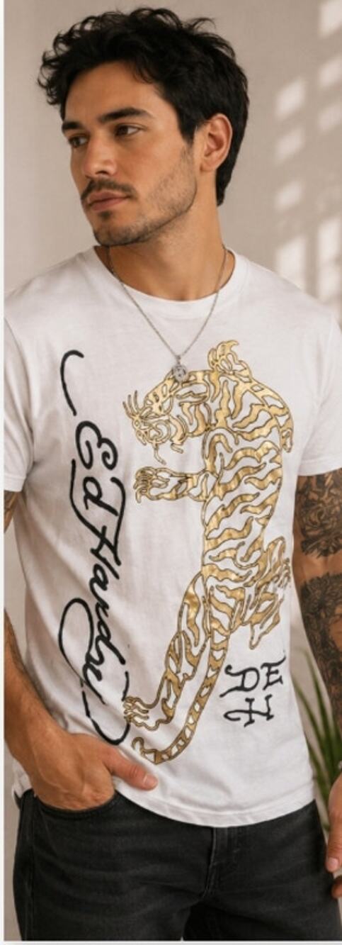 RARE Ed Hardy Tiger Graphic T-Shirt White Gold Black Y2K Tattoo Streetwear